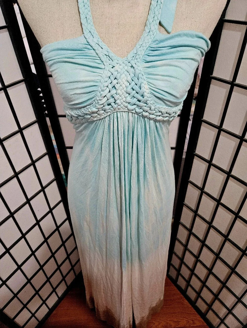 Sky Size Small Teal Ombre Tie-Dye Jersey Braided Halter Maxi Dress - Picture 3 of 6